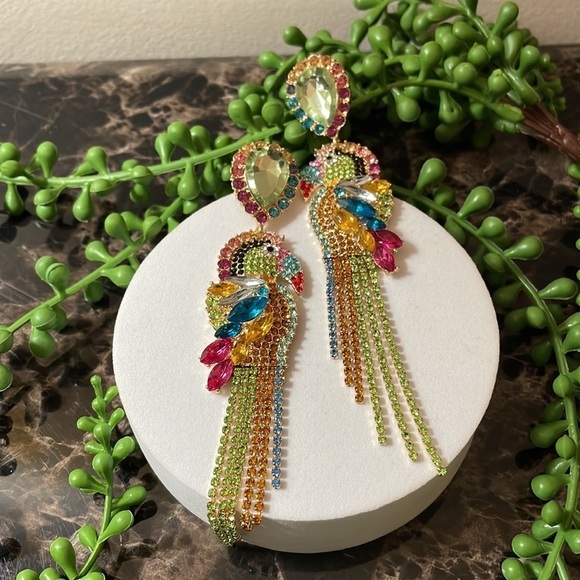 Parrot Bird Rhinestone Drop Earrings - Picture 10 of 17